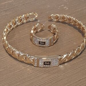 Gold Chain Bracelet and Ring Set with Pavé Accents